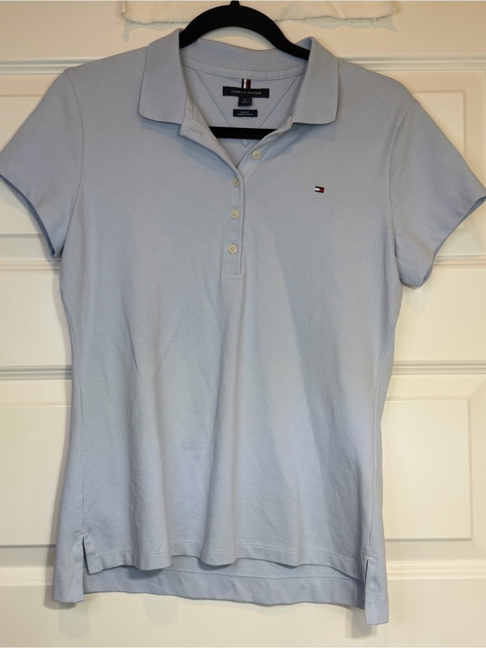 Tommy Hilfiger Women’s M Slim Fit Polo Shirt Light Blue 97% Cotton Stretch 1128